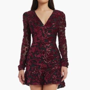 Dress The Population Kelsey Burgundy Black Mesh Sequin Velvet Ruffle Mini Dress